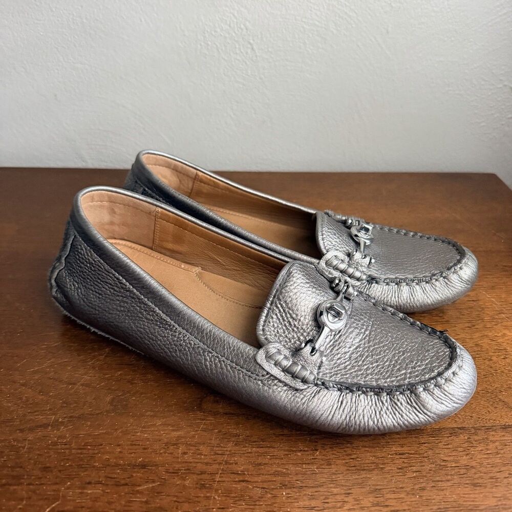 Coach Arlene Silver Slip On Driving Loafers Flats Sz 8.5B Metallic